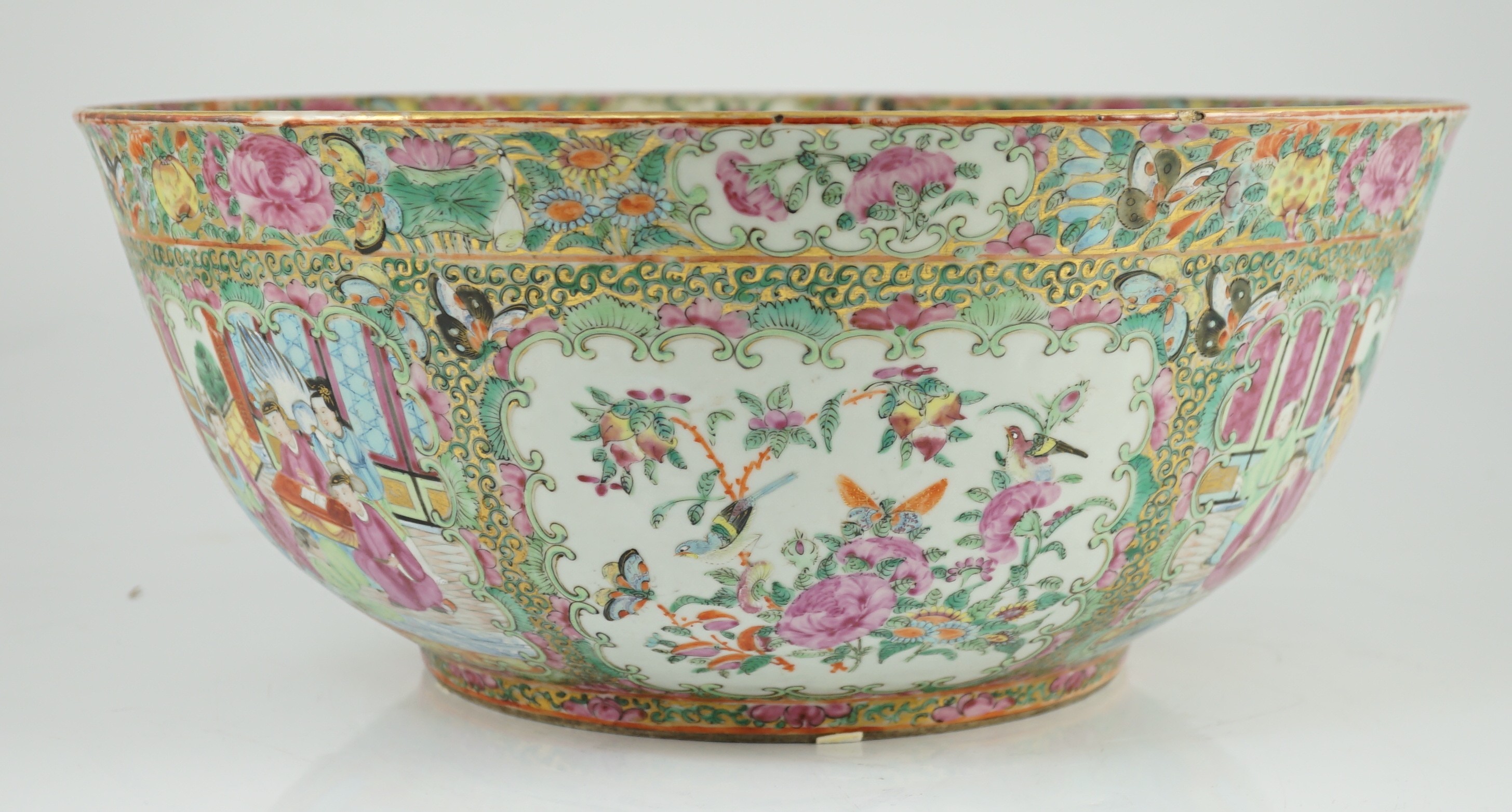 A large Chinese Canton (Guangzhou) decorated famille rose bowl, c.1830-50, 39.2cm diameter